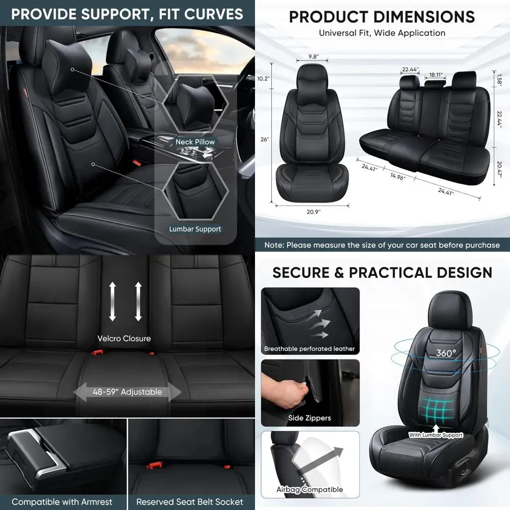 

Полный комплект черных чехлов на автомобильные сиденья, дышащие кожаные автомобильные чехлы на передние и задние сиденья с подголовником, водонепроницаемые автомобильные сиденья Pro