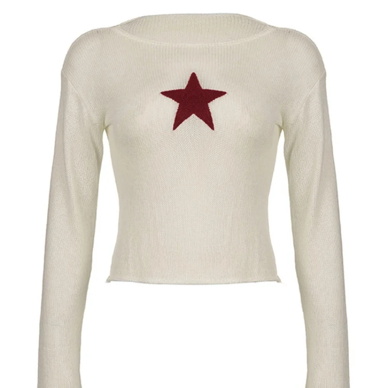 

Autumn and winter new color contrasting pentagram round neck long sleeved knitted sweater, casual and fashionable sweater ﻿