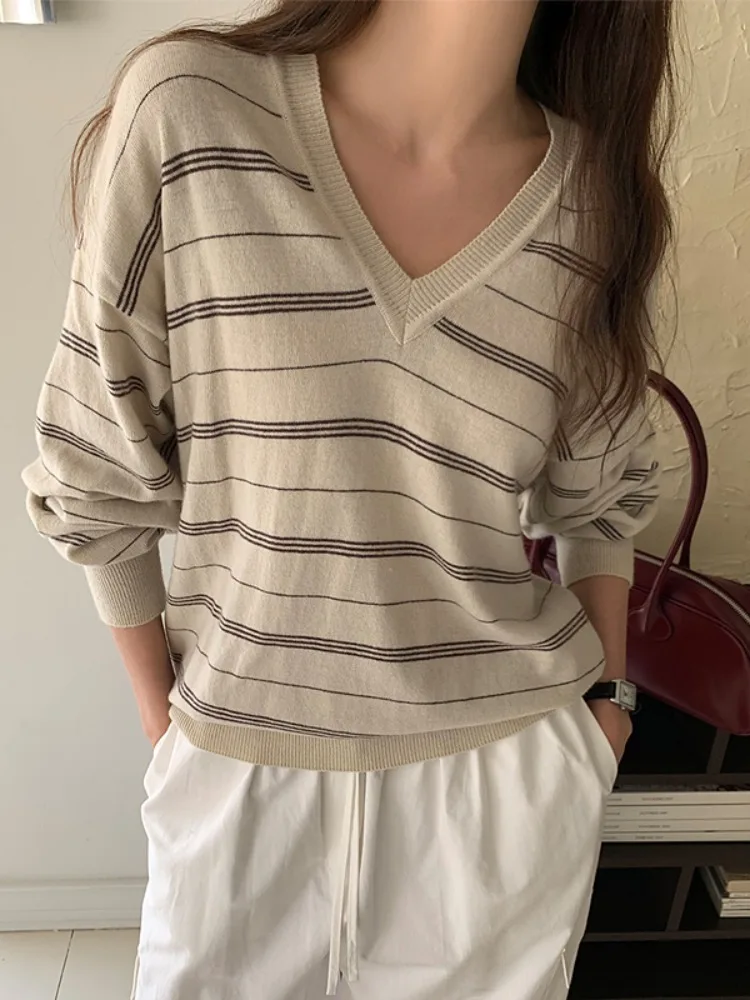 

Chic Autumnal Striped Knitwear V-Ne Loose Long Sve Base Layer Casual Collarl Women's Faion Spring Autumn Seasonal