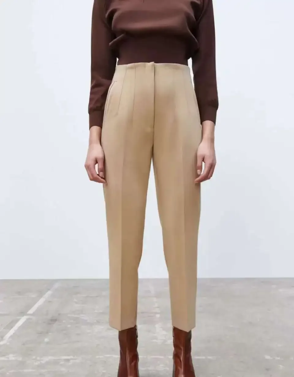 Primavera nuevas mujeres trabajo Oficina señora Pantalones rectos cintura alta pantalones con cremallera frontal Vintage longitud completa mujer Chic señora