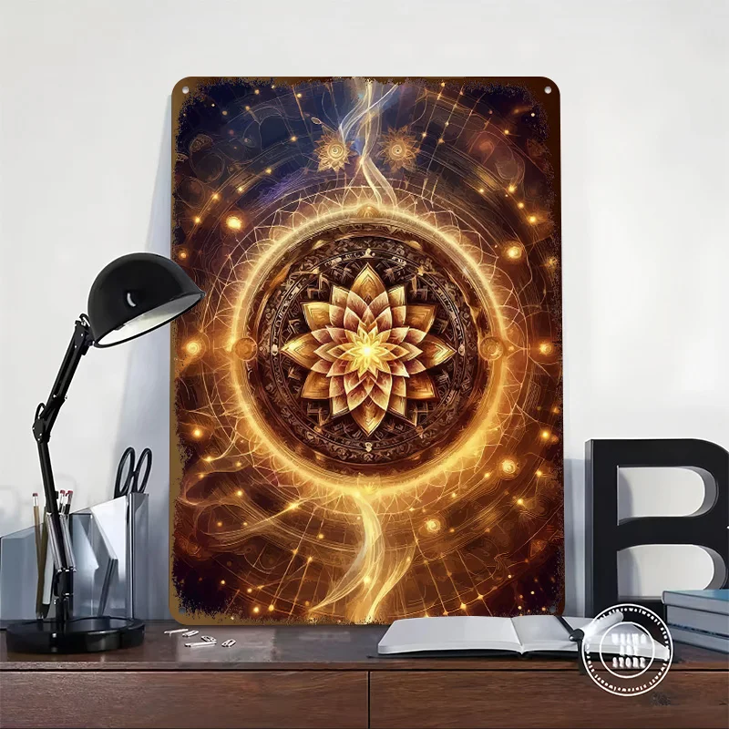 Golden Lotus Mandala With Cosmic Tinplate Poster Customized Wall Art Vintage Metal Signs Retro Plates for Home Decoration Luxury
