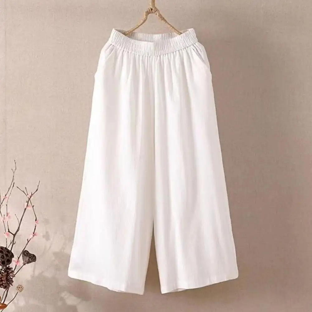 Calça cortada de perna larga feminina, elástico na cintura, monocromática, elegante, A