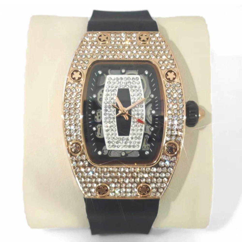 New Tonneau Fashion Rose Iced Diamond Jewelry Watch Women Casual Silicone Strap Quartz Wristwatches 2026 Hot Selling Girl's Gift