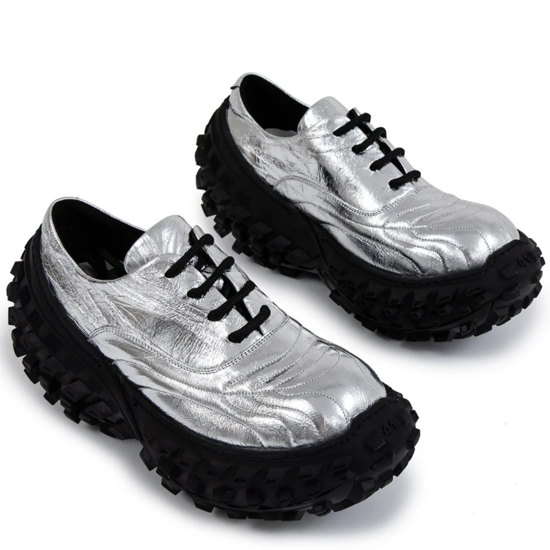 Europe/American Space Silver Retro Daddy Shoes Men's 7cm Rubber Thick Bottom Genuine Leather Comfortable Height Increasing Shoes