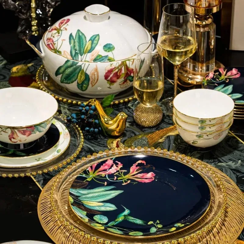 New Rainforest LGold-painted   Porcelain Household Bowls and Plates Set Housewarming Gift Rice Bowls New Tableware