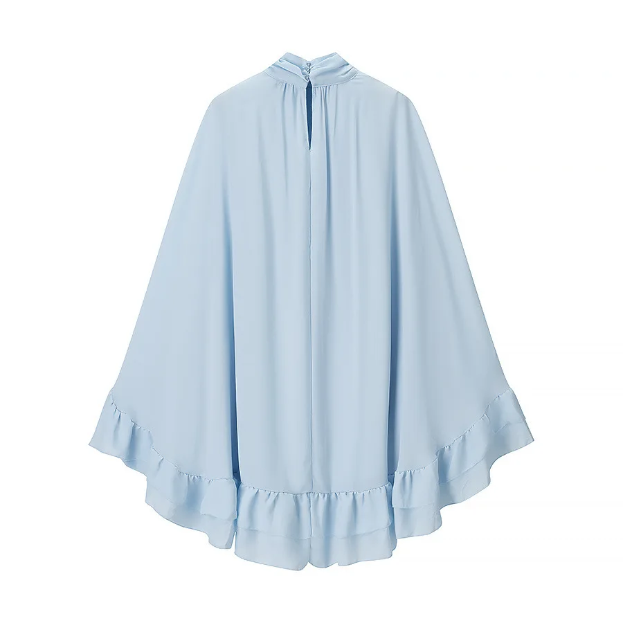 2025 ผู้หญิงใหม่ผู้หญิง Ruffle ชุดมินิชีฟองหลวมคอทรัมเป็ตแขนชุดสีฟ้า 2025 ฤดูร้อนผู้หญิงชุดวันหยุด