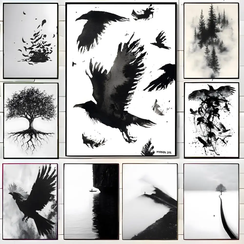 1pc Frameless Canvas Painting Minimalist Black and White Mountain Tree Crow Landscape Poster Wall Art Print Poster Decorative Mu