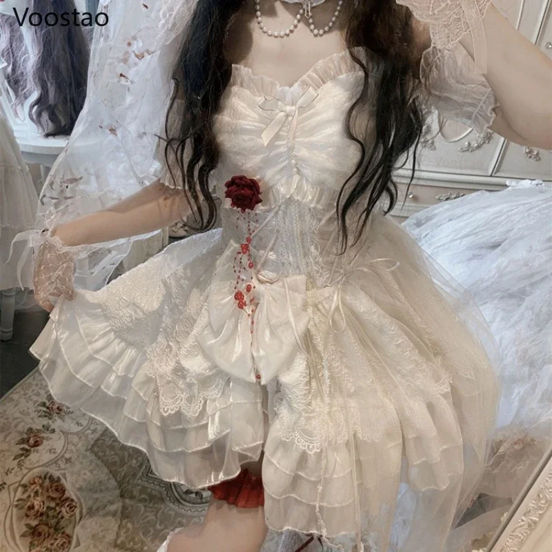 Gothic Lolita Princess Dress Women Vintage Terror Blood Bride Halloween Party Dresses Female Y2k Bandage Rose Lace Mini Vestidos