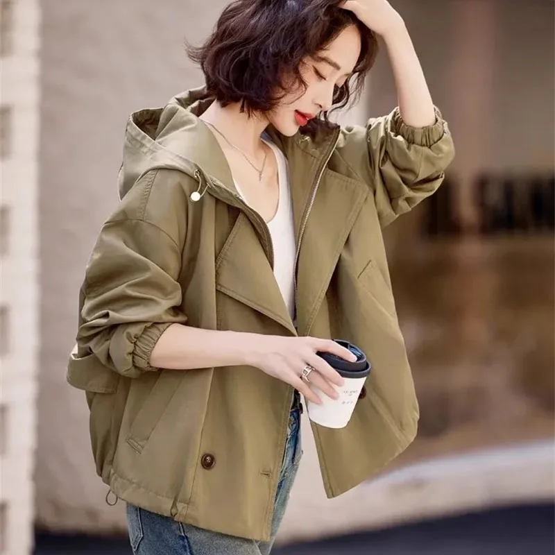 

Весенне-осенний женский однотонный плащ, верхняя одежда, женская короткая ветровка с капюшоном, пальто, корейская женская куртка на подкладке с длинными рукавами