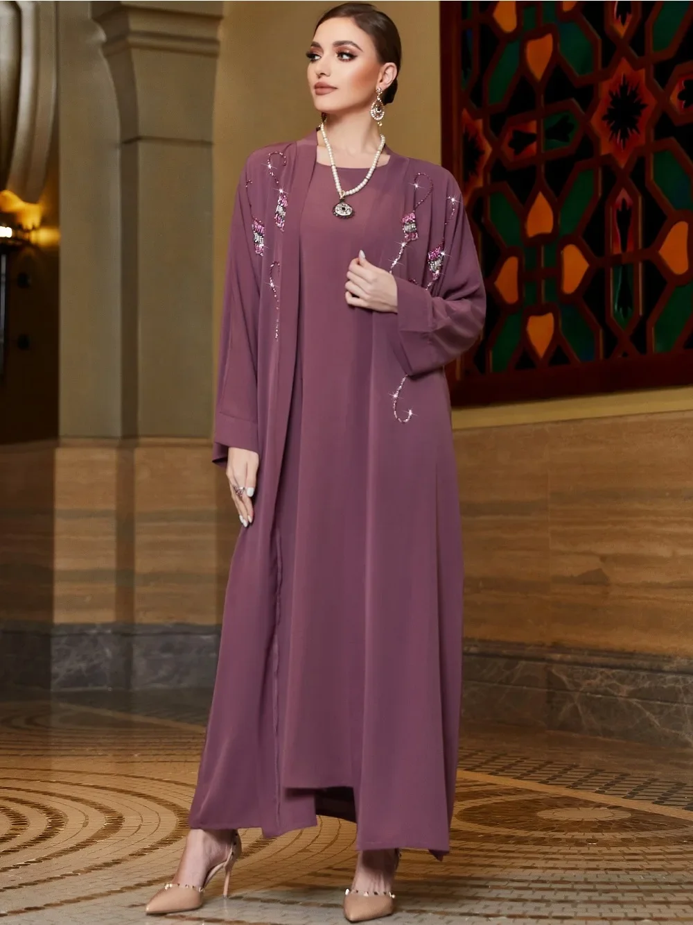 Autumn Muslim Party Dress for Women Abaya 2 Piece Set Diamond Jalabiya Ramadan Long Dresses Woman Lace-up Vestidos Robe 2023