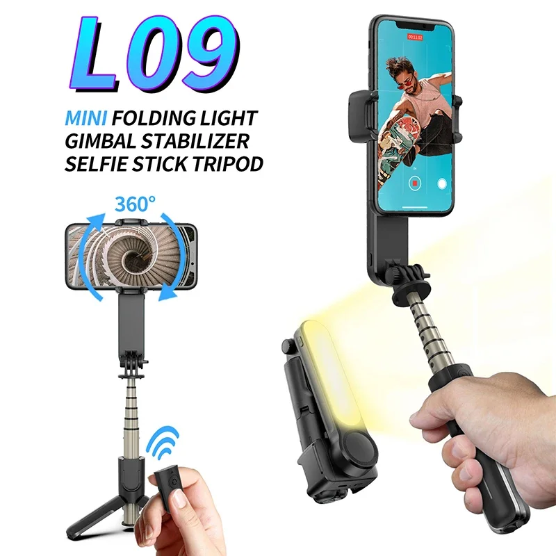 Handheld Rotatable Gimbal Phone Video Stabilizer with Led Light Wireless Selfie Stick Tripod