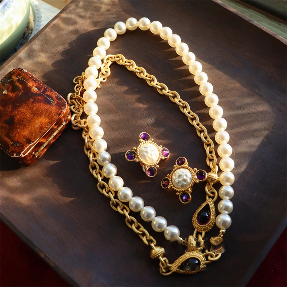 Temperament Vintage Glass Pearl with rhinestone necklace earrings for women's girl  gift ear nail medieval jewelry
