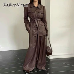 TWOTWINSTYLE Casual Two Piece Sets For Women Lapel Long Sleeve Patchwork Lace Up Top High Waist Wide Leg Pant Loose Set Female