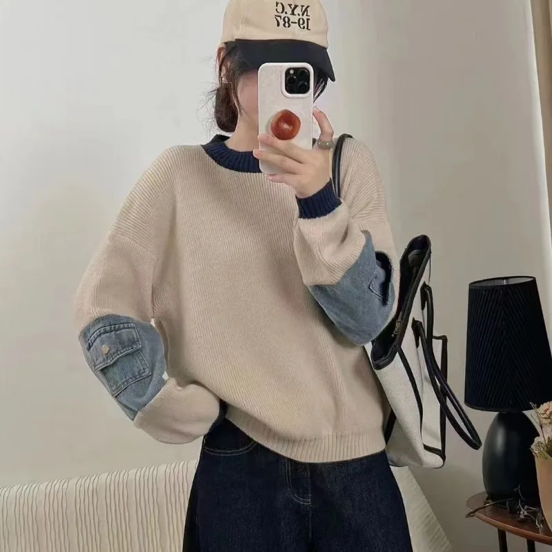 

Осенне-зимний свободный свитер с длинными рукавами, новинка 2025 года, модный джинсовый вязаный нежный повседневный свитер, топы для женщин