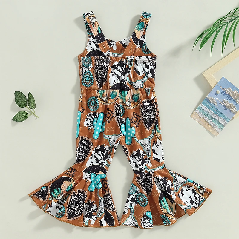 Kids Girl Suspender Jumpsuit Bullhead Cactus Print Summer Sleeveless Flared Rompers Pants for Toddler Baby