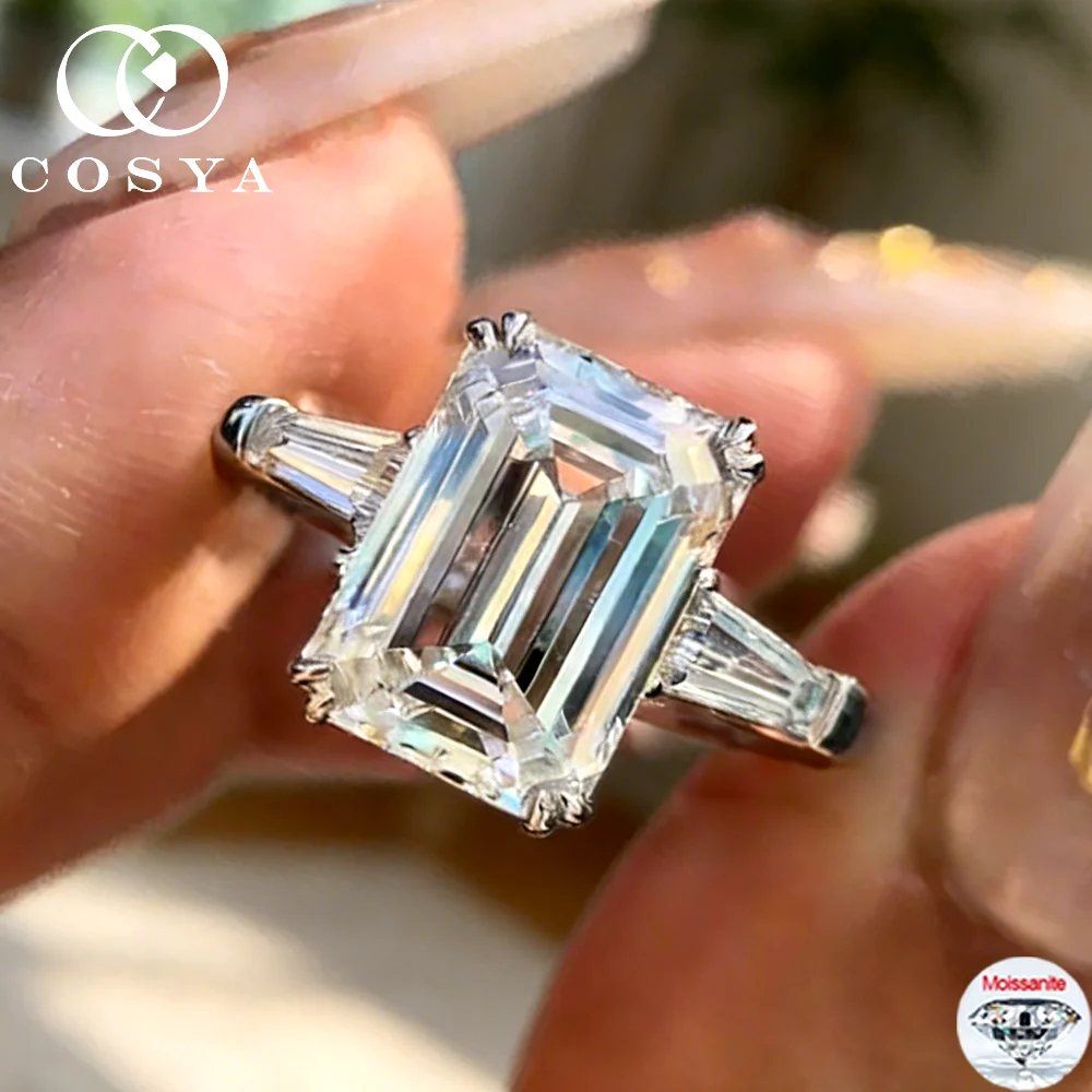 

COSYA1-4CT Full Moissanite Ring for Women 3-Stone Emerald Cut S925 Sterling Silver Lab Diamond Wedding Band Engagement Jewelry