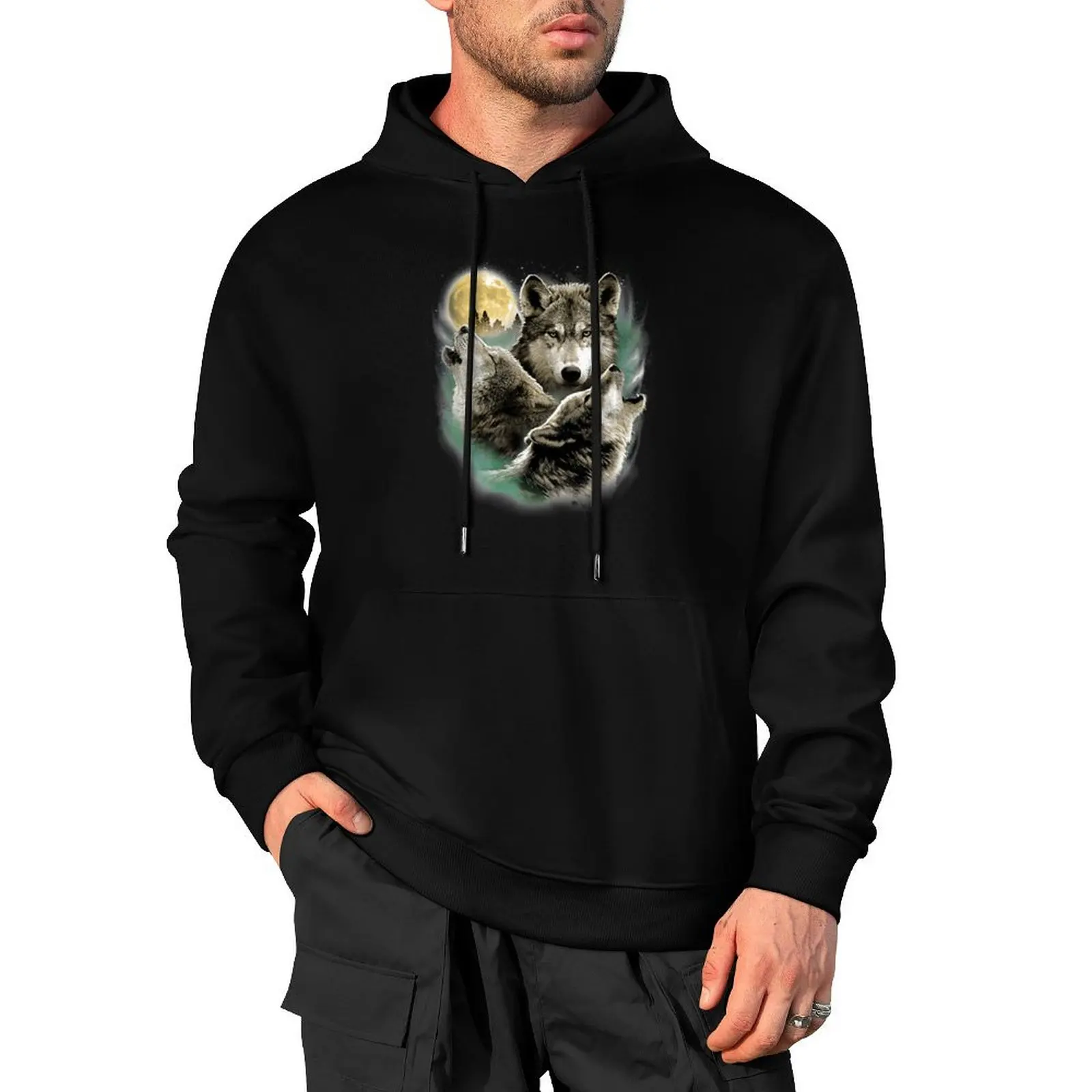 

Three Wolves Howling in Moonlight Pullover Hoodie korean style clothes mens designer clothes hoodie graphic