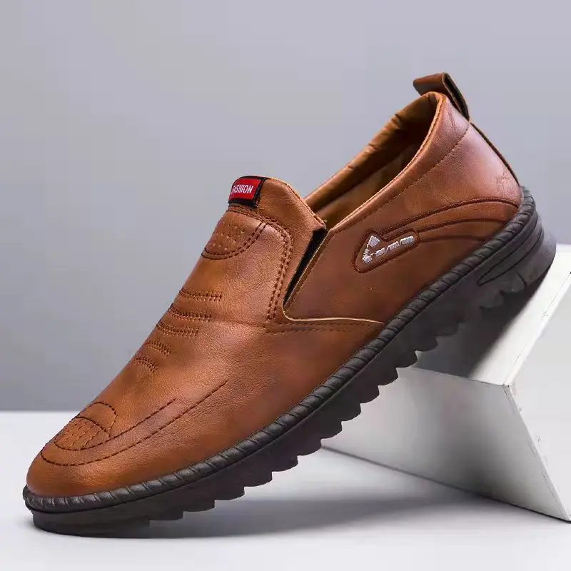 Men's New Leather Driving Shoes Contrast Stitching Fashionable Quality Soft Sole Non-slip Business Leisure Official Board-Shoes