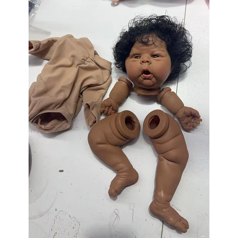 

20inch Reborn Doll Kit Gounchi with Dark Skin and Black Curly hair Handmade Doll Parts with 1/4 Arms and Cloth Body
