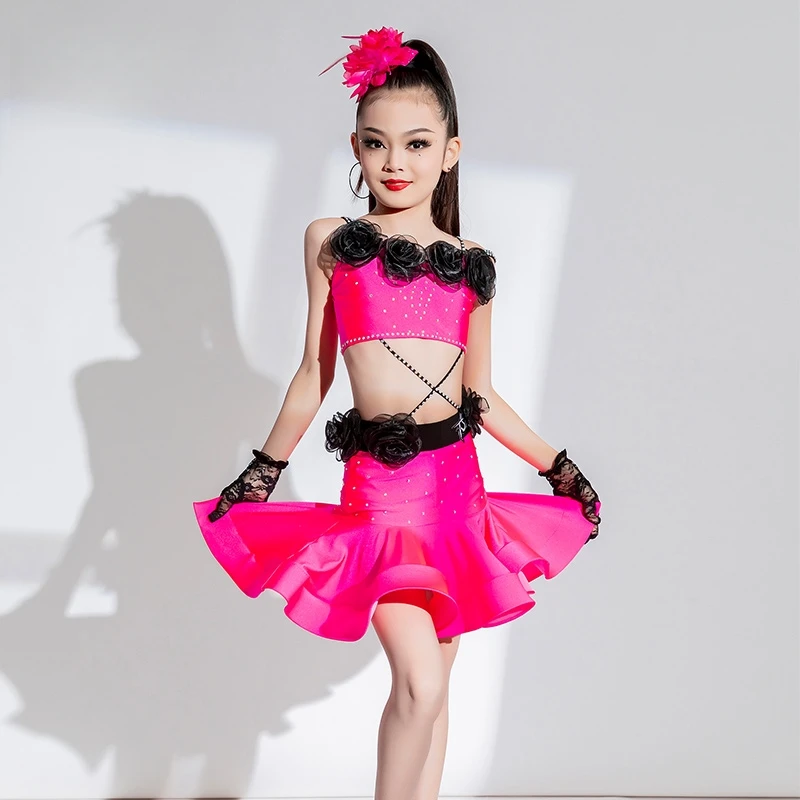 

Latin Dance Dress Costumes Set Girls Performance Clothes Rose-Red Flower Crystal Kids Cha Cha Latin Dance Competition DanceDress