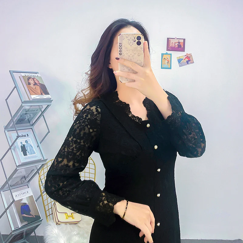 

Retro Lace Midi Dr plus Size Women's Autumn Faionable Hepburn Sle High Waist A-Line Skirt Long Sve V-Ne Dr