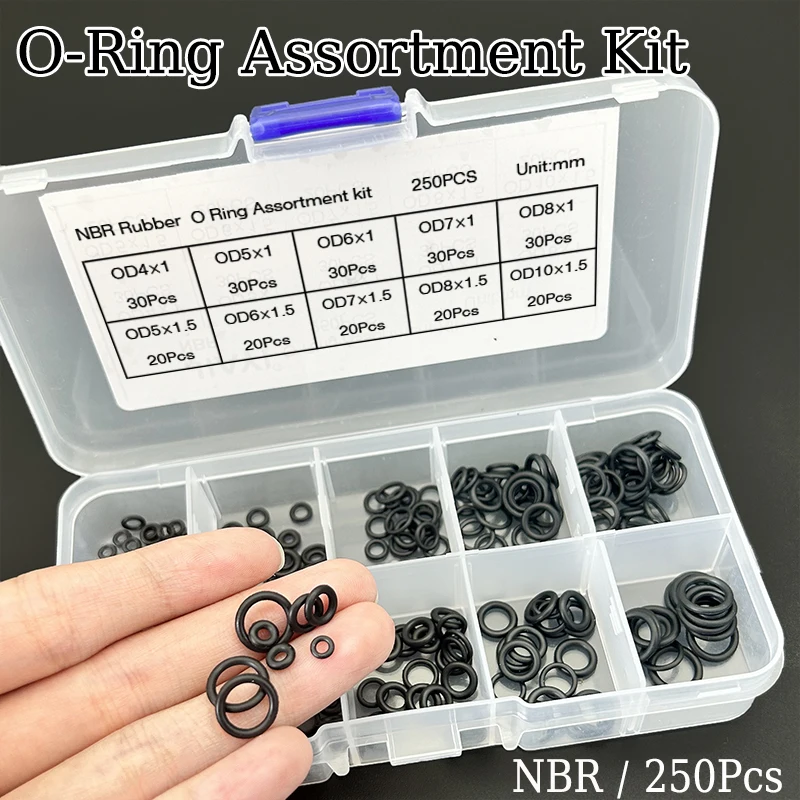 NBR Black Nitrile O-Ring Set Oil-Proof Seals CS 1mm/1.5mm OD Sizes 4mm~10mm 250PCS/Box Durable Rubber Gasket Assortment Kit
