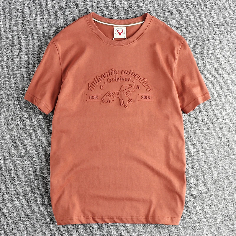 

2024 Summer New American Retro Short Sleeve O-neck 3D Letter Eagle Printed T-shirt Men's Simple 100% Cotton Washed Casual Tops