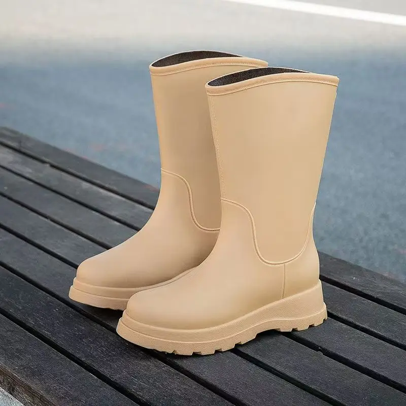 Women Thick Sole Mid Calf Rain Boot Autumn Winter New Round Toe Slip On Waterproof Kitchen Work Shoes Garden Shoes Water Shoes