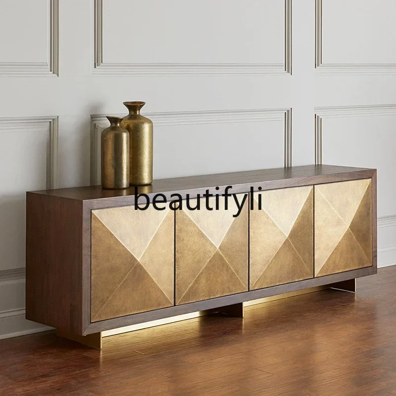 

XZ1Modern new American solid wood TV cabinet, living room stainless steel metal, custom TV cabinet
