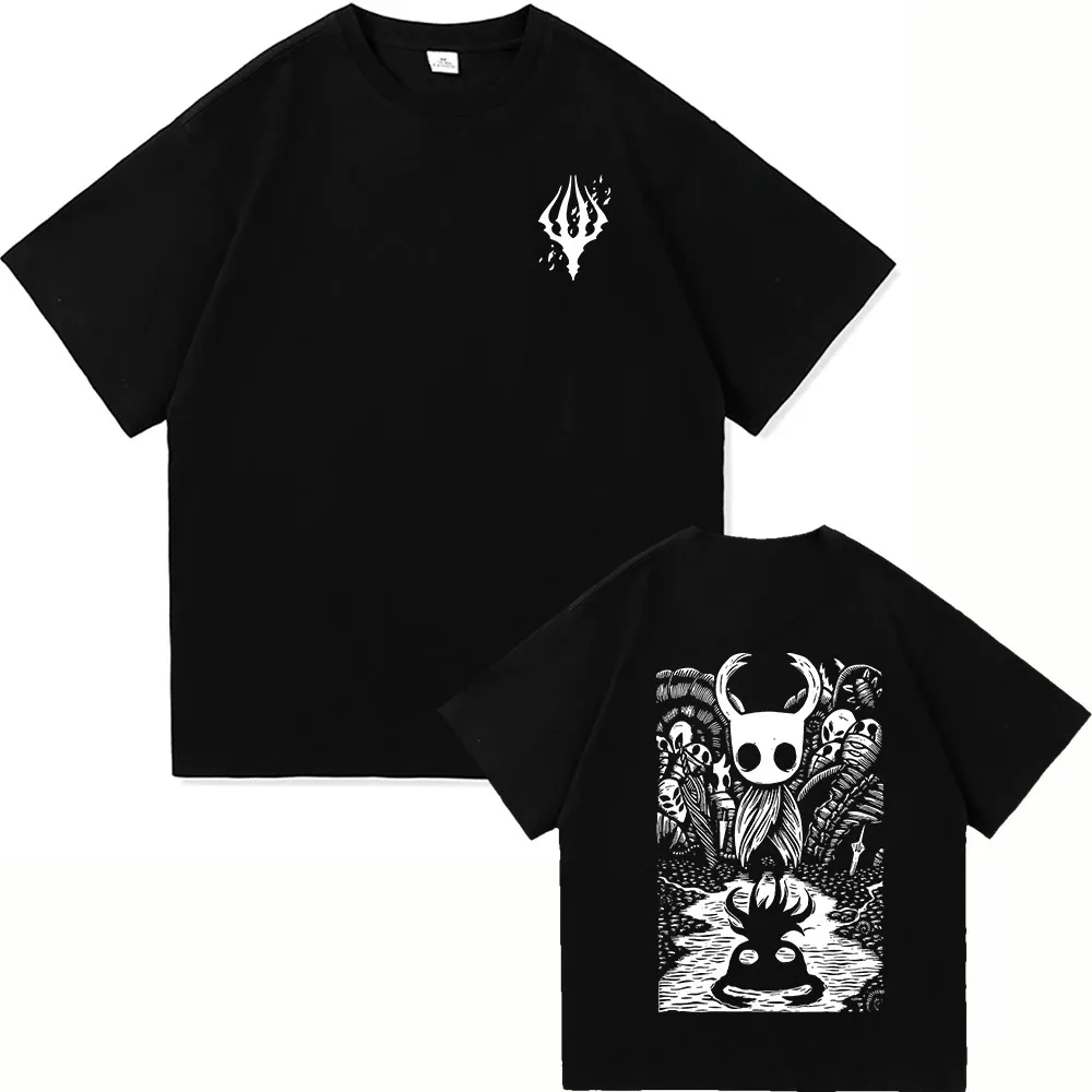 Hollow Knight: Silksong Double-Print Printmaking Style T-Shirt: Black Oversize Base with IP Symbol & Protagonist Scene