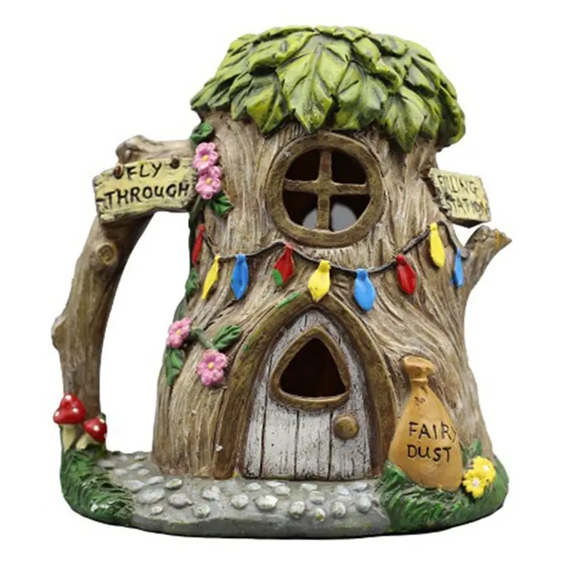 A25F-Resin Houses Ornaments Resin Ornaments With Solar LED Lights Fairy Garden Accessories Outdoor Cottage Figurines Lawn Orname