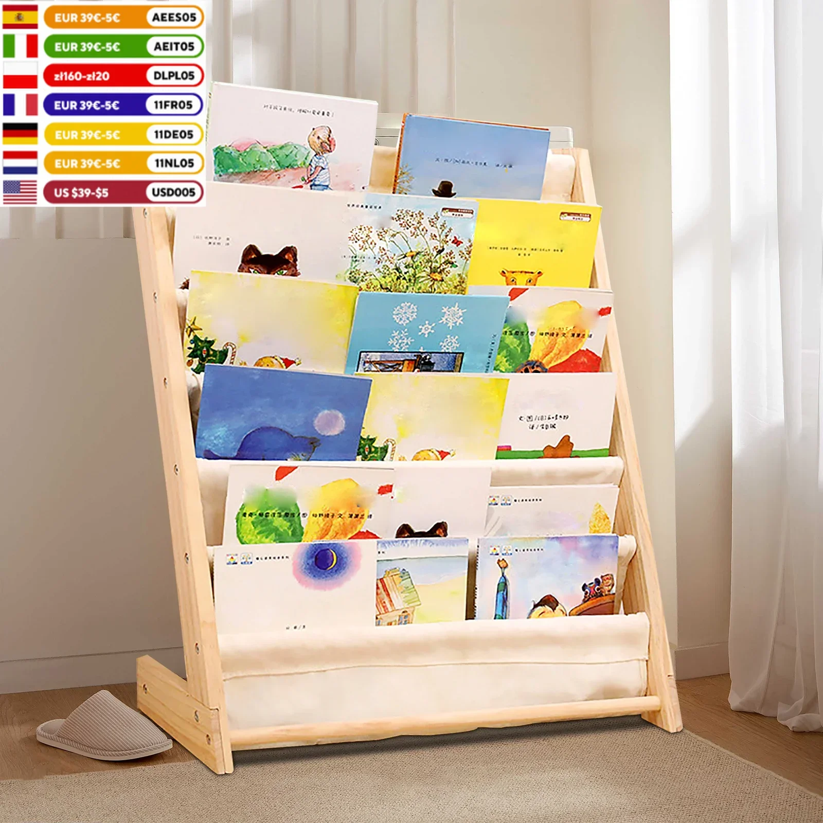 6 Tiers Wooden Kids Book Rack Storage Bookshelf, Kids Bookshelf Kids Sling Book Rack Shelf Organizer Natural Beige