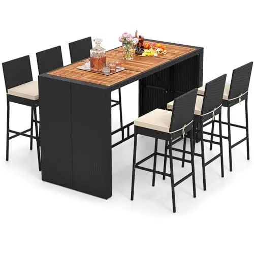 7 Piece Patio Wicker Bar Set, Patiojoy Outdoor Acacia Wood Bar Height Table & 6 Rattan Bar Stool Chairs with Backrest