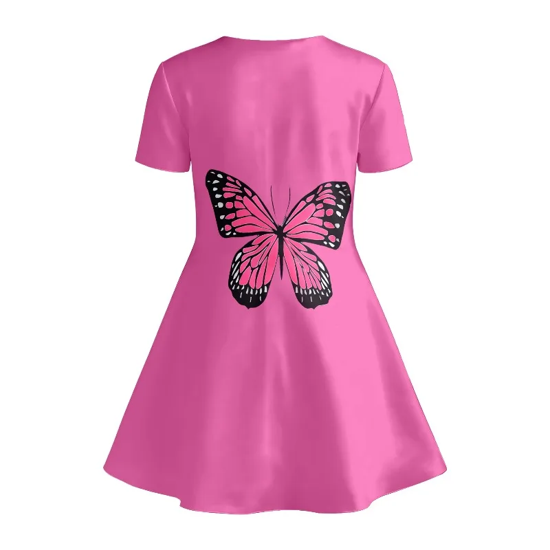 Little Girls Cute Bright Butterfly Cherry Leopard Bow Print Round Neck Short Sleeve A-Line Kids Summer Swing Dress