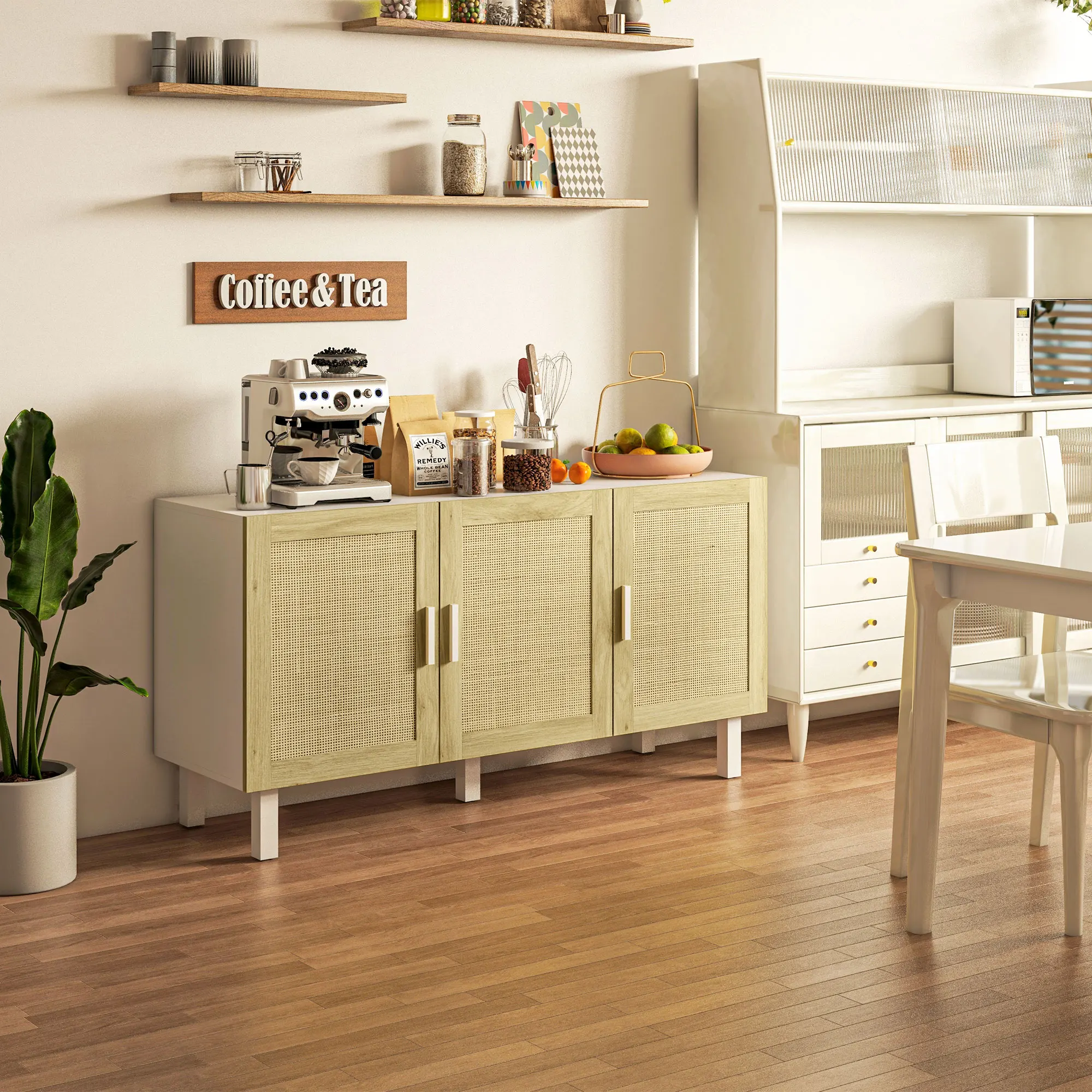 

Kitchen Storage Cabinet W/ 3 Rattan Doors Adjustable Shelves, White and Natural