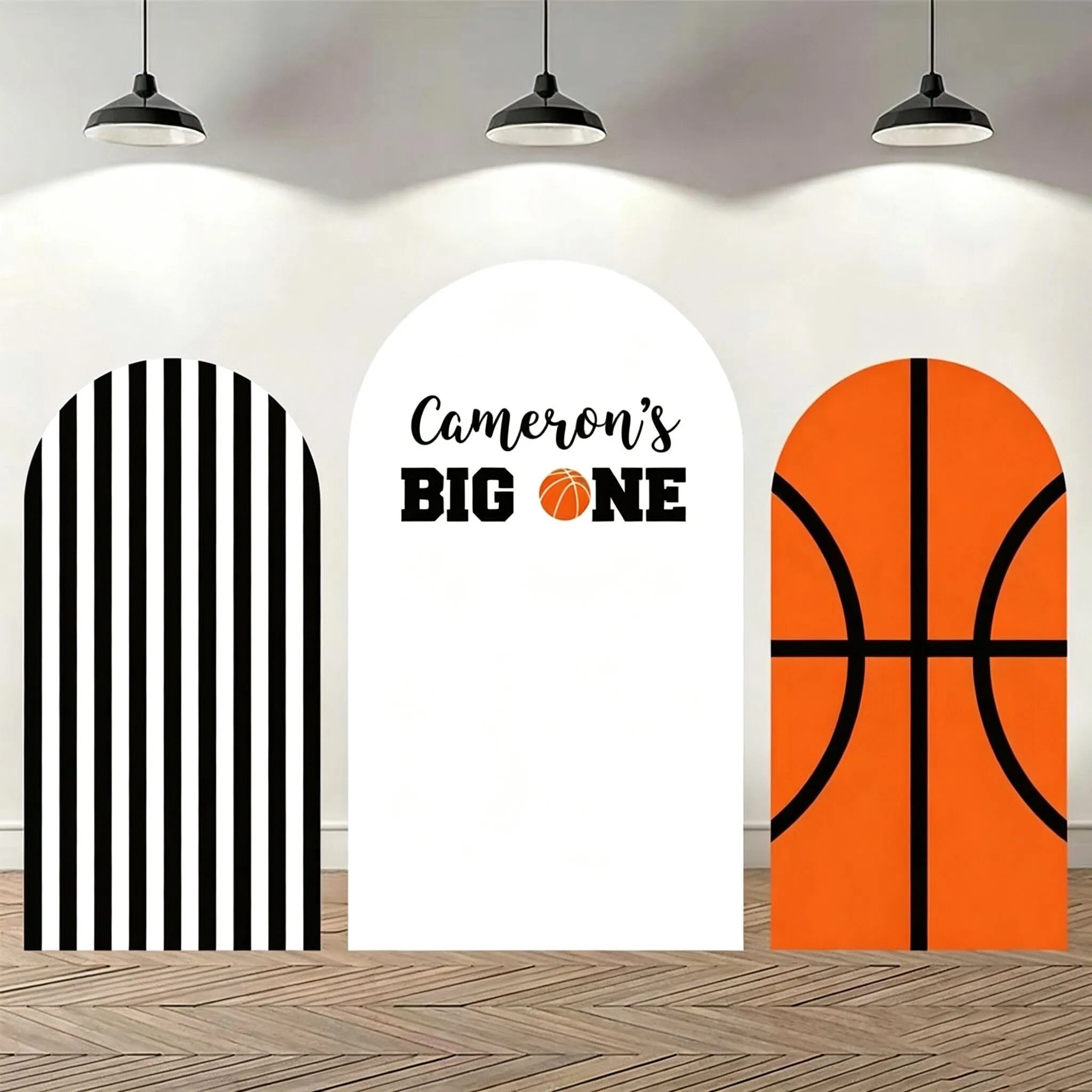 Custom 2-Side The Big One Baby Shower Arch Backdrop Cover Basketball Black Stripe Birthday Party Decor Backdrop Photo