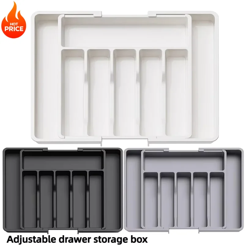 Silverware Drawer Organizer, Adjustable Expandable Utensil Tray, Plastic Cutlery Storage for Flatware, Knives, Spoons, Gadgets