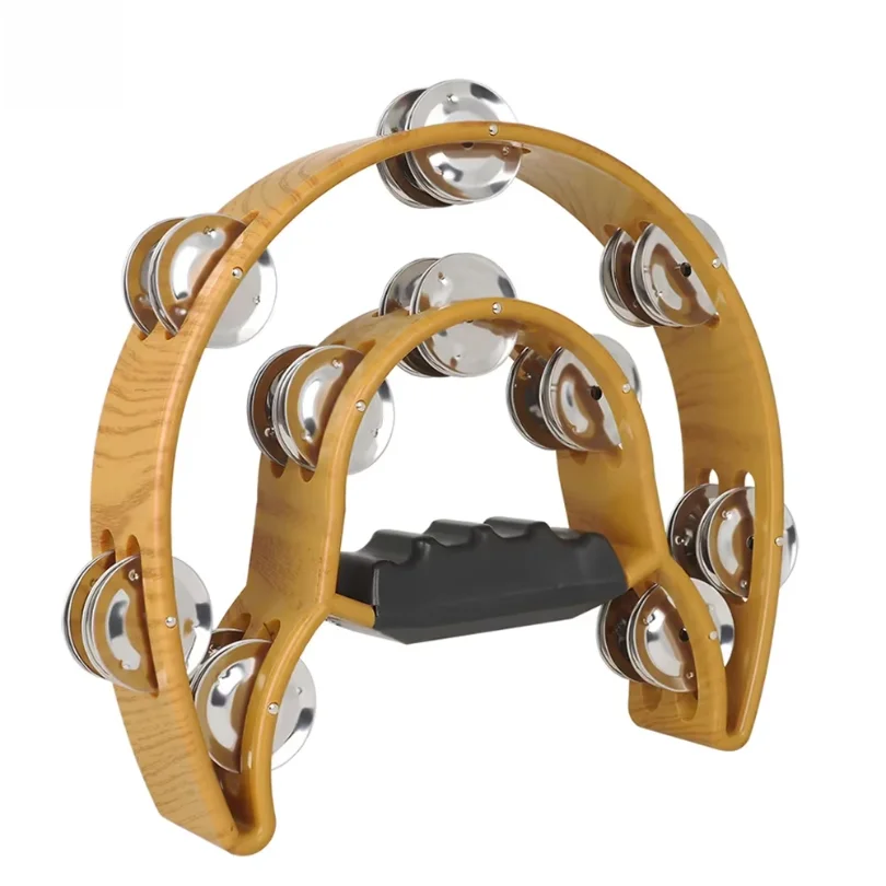Coffee Coloured Double Decker Hand Rattle with Floral Pattern Percussion Musical Instruments Metal Bells Tambourine