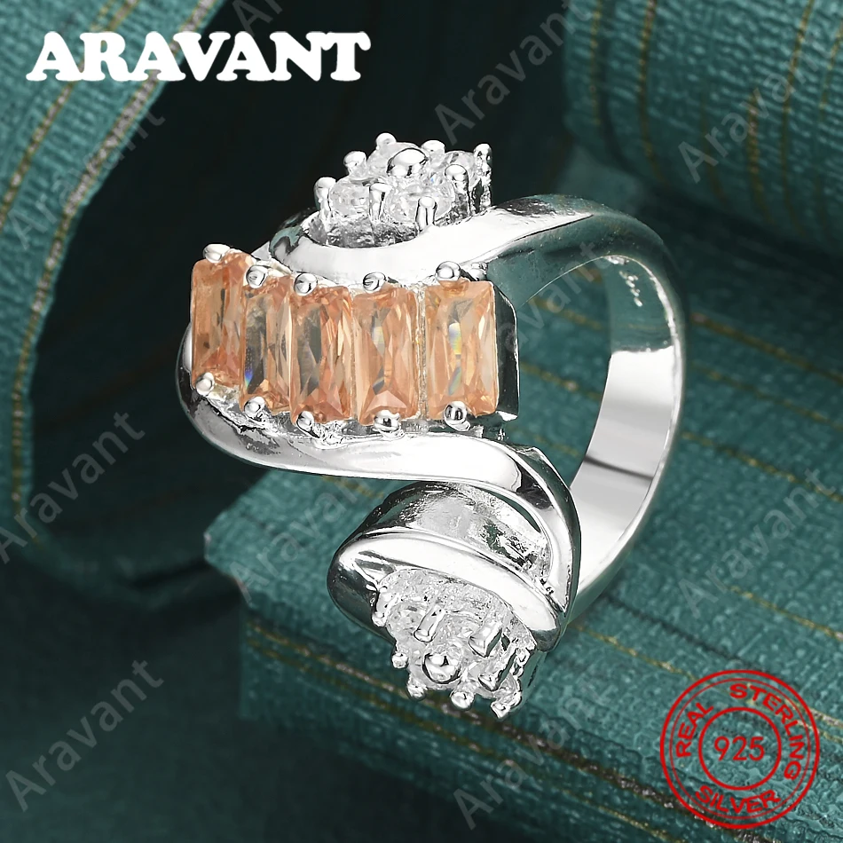 925 Sterling Silver Orange Rectangular Zircon Ring For Women, Commuter Accessory, Christmas Gift Jewelry