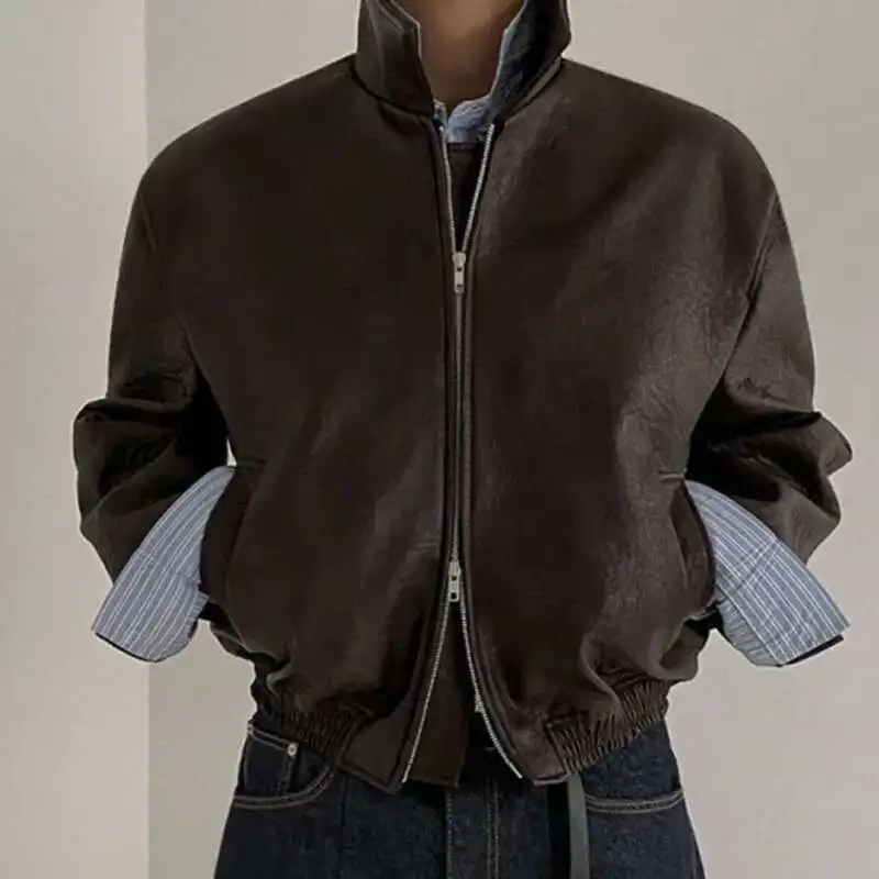 

Short PU Leather Coat Men's Spring Summer Loose Turn-down Collar Coat Korean Style Trend Male Jacket Casual Top