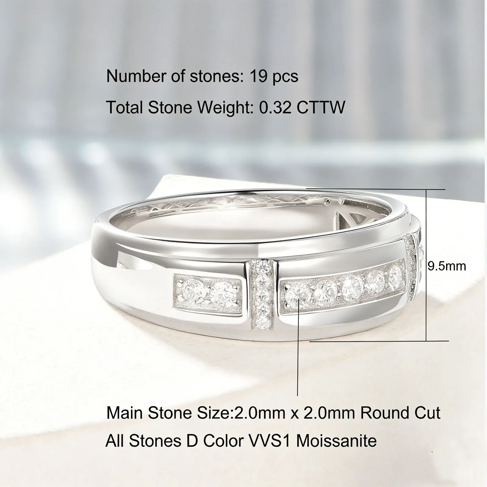 Newshe Certified Moissanite Rings for Men D Color VVS1 Brilliant Wedding Band High-Quality White Gold Plated Jewelry