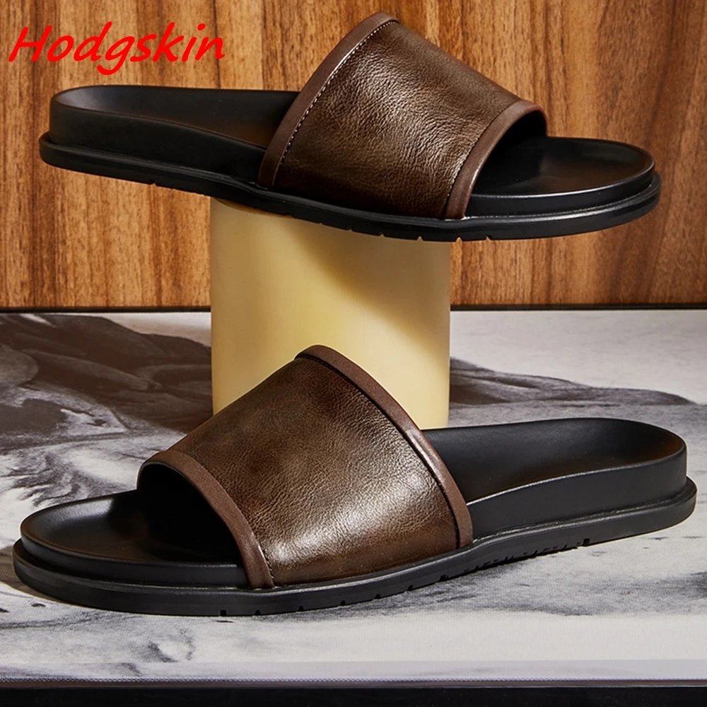 

Cow Leather Men Slippres Round Toe Slip On Flat with Shoes 2024 New Arrivals Men's Summer Fashion Outdoor Non-slip Beach Slides