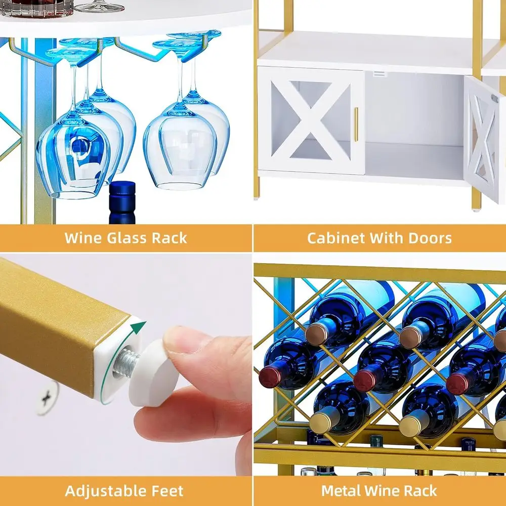 Illuminated Bar Cabinet with 4-Tier Storage, Outlets, Wine Rack, and Glass Holders in Gold