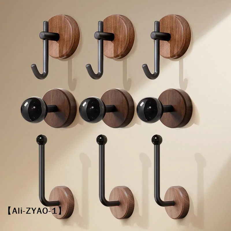 【O】Walnut Wood Self Adhesive Wall Hooks Heavy Duty No Drill Design For Bathroom Bedroom Hanging Coats Towels Bags