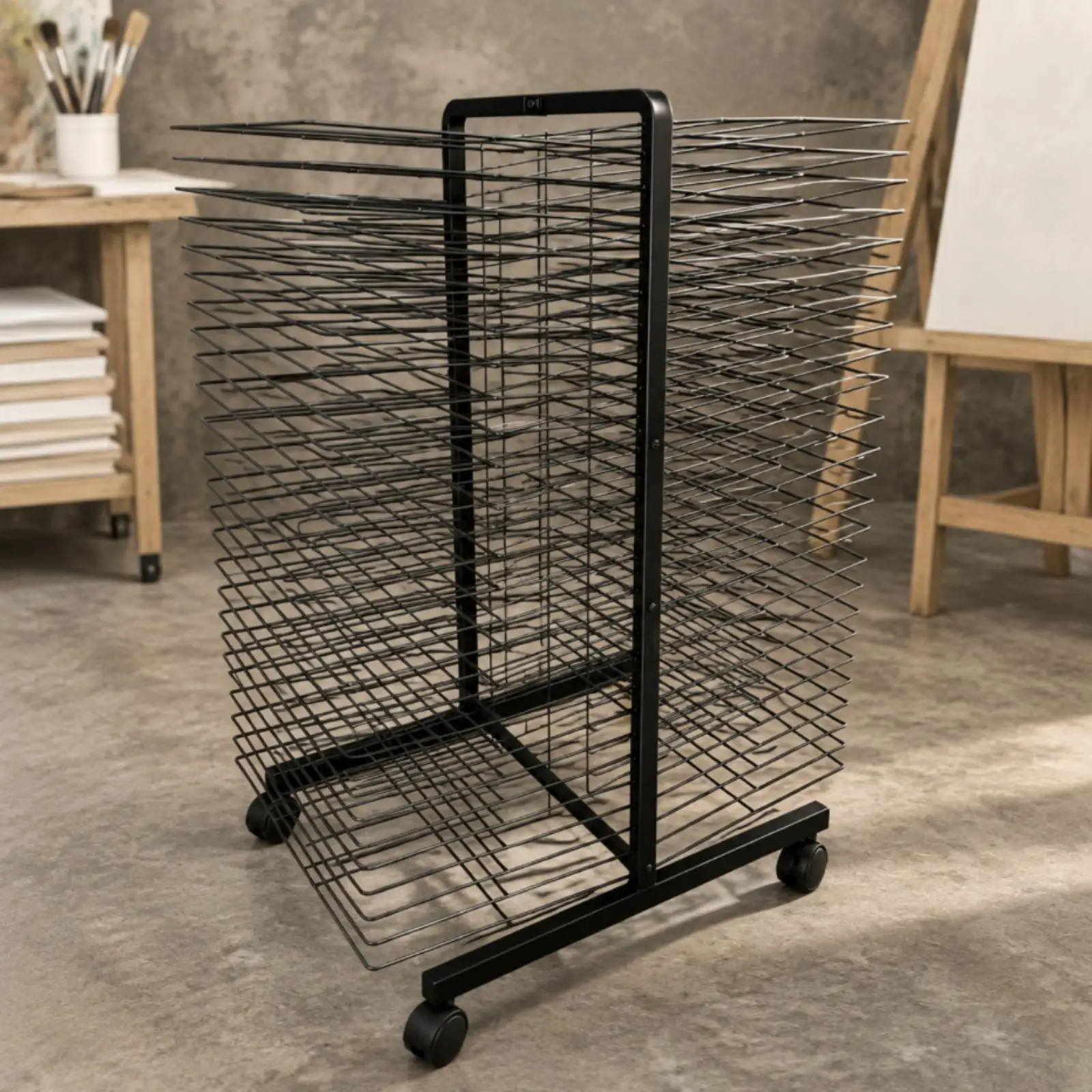 Single Side Art Easel Iron Wire Drying Rack on Wheels for Wet Paintings and A3 Paper Flat Storage Studio