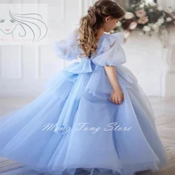 Light Blue Tulle Puffy Flower Girl Dress For Wedding Half Sleeve With Bow Elegant Kids Birthday Party First Communion Ball Gown