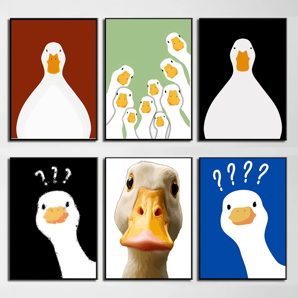 Funny White Duck Close-up Portrait Confused Question Goose Game Canvas Painting Wall Art Poster Picture Home Decor Mural Cuadros