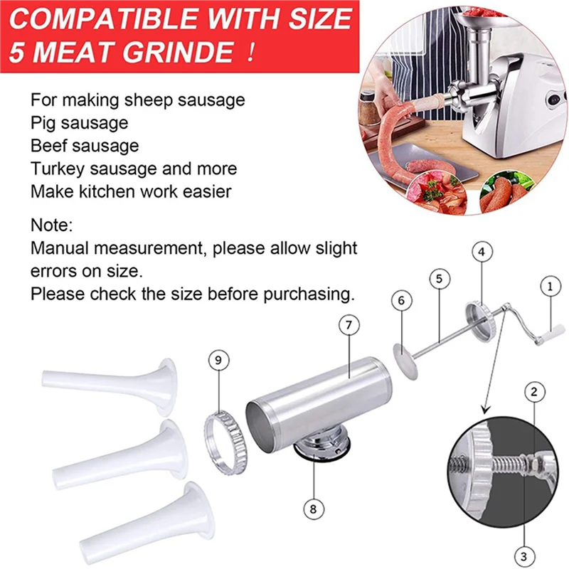 AS60-18Pcs Plastic Sausage Stuffer Tubes Funnels Sausage Filling Tool For Size 5 Meat Grinder Food Grinder 1.5Cm,1.9Cm,2.3Cm