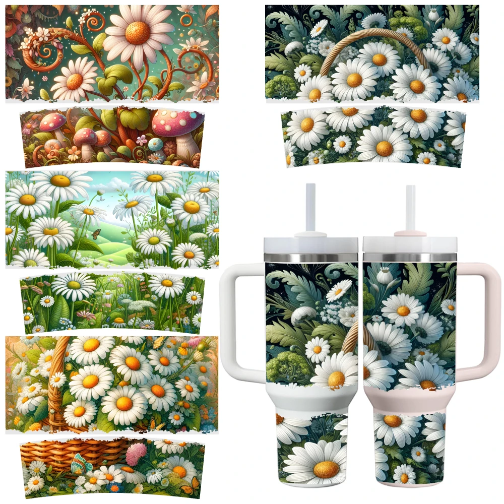 4 Sheets Daisy Flower Garden Mushroom Basket Nature Spring UV DTF Stickers for 40oz Tumblers Decorative Transfer Paper Coffee