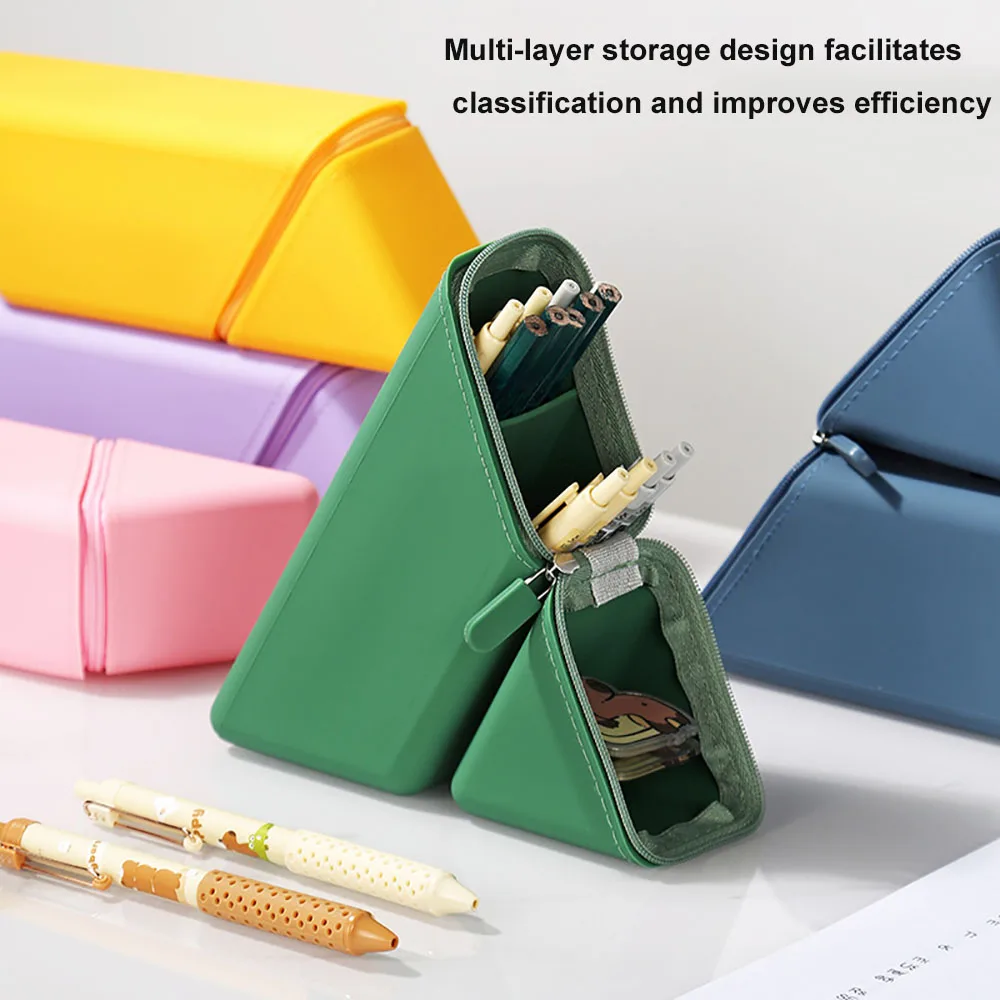 Large Capacity Dual-Purpose Pen Holder Multi-Layer Storage Triangular Stand-Up Style Creative Silicone Pencil Case Simple